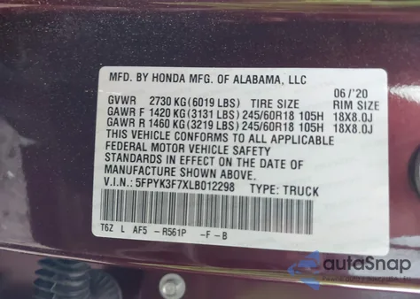 2020 Honda Ridgeline Rtl-E from USA, damaged, VIN 5FPYK3F7XLB012298